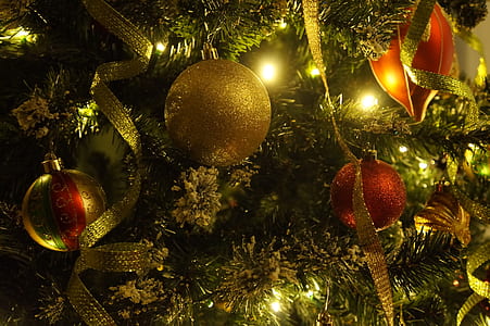 gold and red baubles hanged on Christmas tree thumbnail