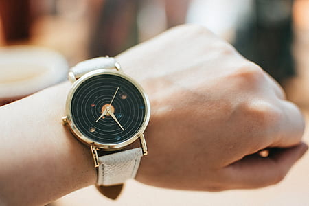 Round Gold-colored Black Analog Watch With Grey Leather Band thumbnail