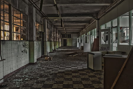 assorted furniture on pathway with falling debris on floor thumbnail