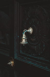 black wooden door with gray bell thumbnail