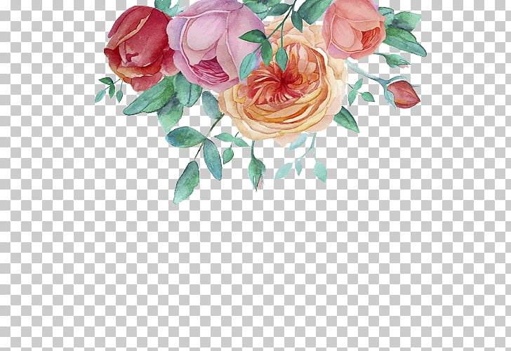 Watercolor painting Flower Garden roses, Hand-painted watercolor flower decorative frame, red, purple, and orange flowers painting PNG clipart