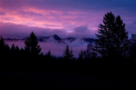 silhouette of pine trees across mountains thumbnail
