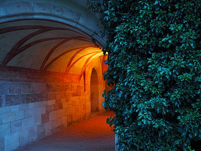 orange lamp lighted under beige concrete tunnel thumbnail