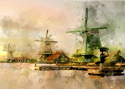 green windmill near dock painting thumbnail