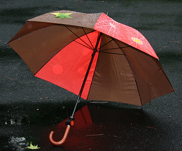 red and brown umbrella on black floor thumbnail