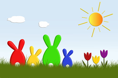 red, yellow, green, and blue rabbits painting thumbnail