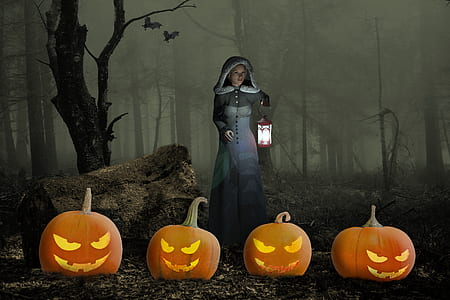 woman in white dress standing near four orange pumpkins thumbnail