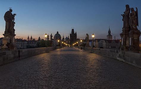 gray concrete road between statues under clear blue sky at nighttime thumbnail