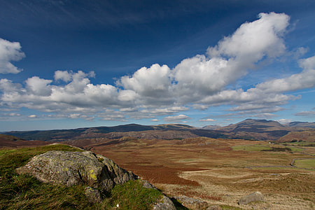 Wide-angle landscape shot taken on a sunny day in the Lake District, Cumbria, England thumbnail
