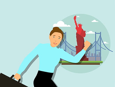 Traveller with bags and New York City, USA landmarks. Illustration of world travel. thumbnail