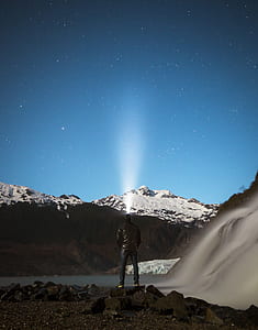man standing facing snow-capped mountain under blue sky thumbnail