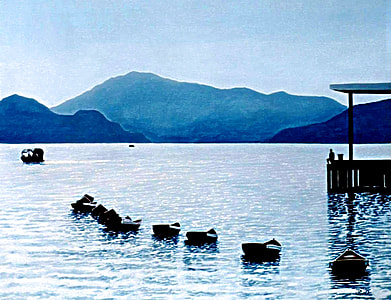 Landscape with hills with small canoes and boats thumbnail