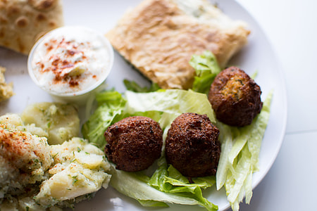 plate of fried meatballs with lettuce and dip thumbnail