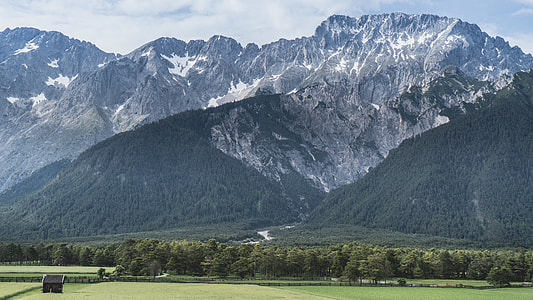 green trees and grass field overlooking snowy mountains under cloudy sky thumbnail
