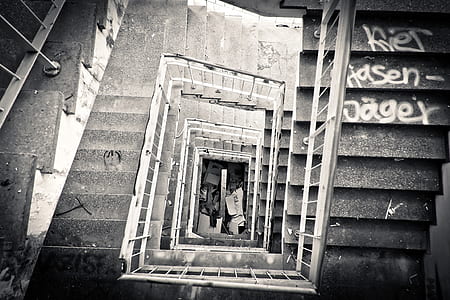 grayscale photography of rectangular staircase thumbnail