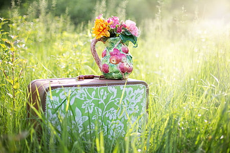 yellow chrysanthemum flower and pink roses in green pitcher on green luggage thumbnail