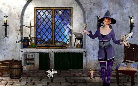 woman wearing purple costume standing near brown wooden table thumbnail