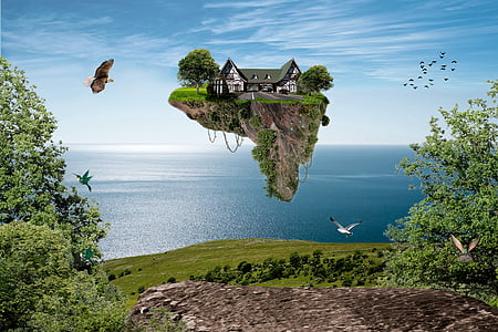 house on floating island under clear blue sky thumbnail