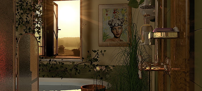 woman face illustration hanged on concrete wall near bathtub thumbnail
