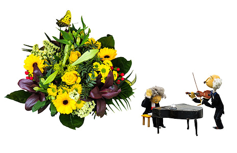woman playing grand piano and man playing violin illustration with flower bouquet overlay thumbnail