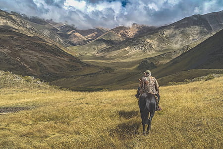 Man Riding Horse on Grass Near Mountains thumbnail