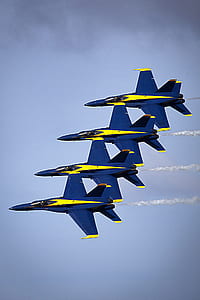 four blue-and-yellow jet planes on flight thumbnail