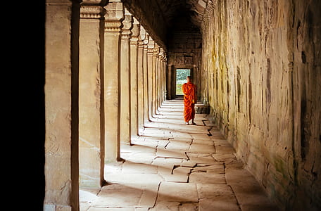 monk walking on concrete pathway thumbnail