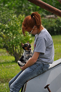 woman in gray crew-neck t-shirt holding black and tan Welsh Corgi puppy sitting on white chair during daytime thumbnail