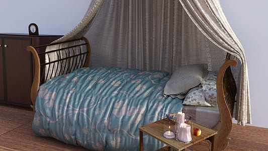 blue and white floral comforter and brown wooden frame thumbnail