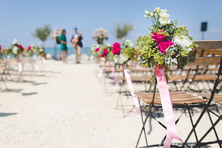 selective focus photography of white and pink petaled flowers near chairs thumbnail