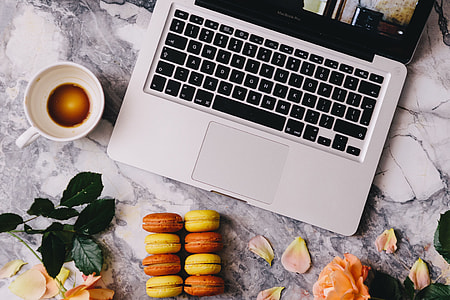 Overhead view of macarons on a marble slab thumbnail
