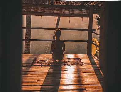 woman kneeling inside hut viewing trees thumbnail