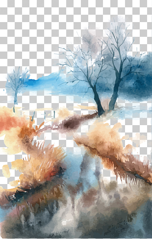 Watercolor painting Landscape, watercolor landscape, white leaf trees painting PNG clipart