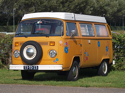 yellow and blue floral Volkswagen Samba van parked on green grassy area thumbnail