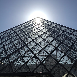 low-angle photography of glass pyramid building at daytime thumbnail