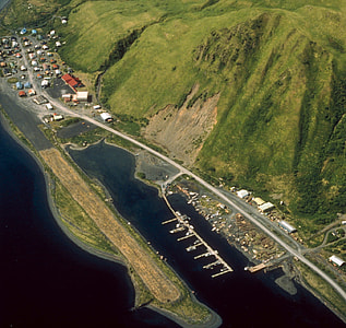 Aerial view of Old Harbor landscape in Alaska thumbnail