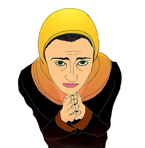 woman wearing yellow hijab and black dress praying vector art thumbnail