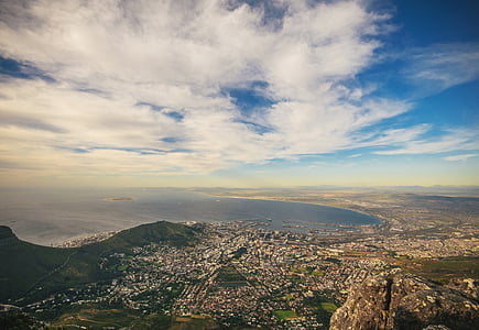 bird's-eye view of city near body of water thumbnail