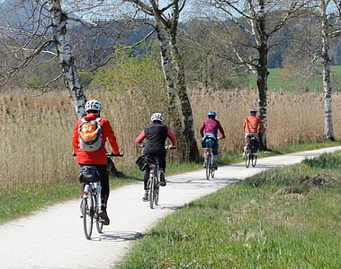 four person riding bicycle on pathway near trees thumbnail