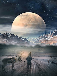 toddler with moose digital wallpaper thumbnail