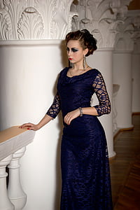 woman wearing blue quarter-sleeved long dress thumbnail