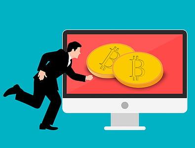 Illustration of man running towards a computer screen displaying coins with the bitcoin icon thumbnail