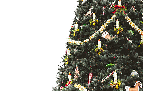 green Christmas tree with ornaments in white room thumbnail
