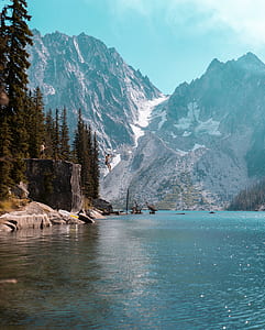 pine trees near body of water and mountain filled with snow thumbnail