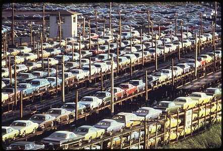 New cars built in Detroit loaded for rail transport, 1973 in Michigan thumbnail