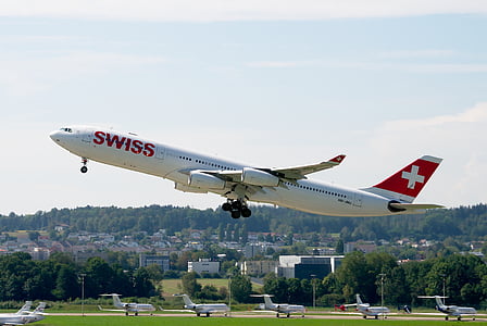 white and red Swiss airplane flying in the sky thumbnail