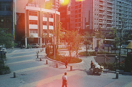 man pulling cart with boxes on park near building thumbnail