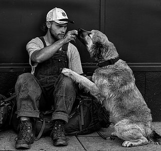 gray scale photo of person in overall jumpsuit beside large short-coated dog thumbnail
