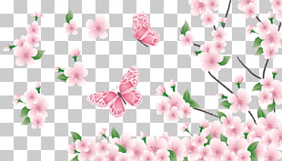Spring , Spring Branch with Pink Flowers and Butterflies , pink butterfly surrounded by pink petaled flower artwork PNG clipart