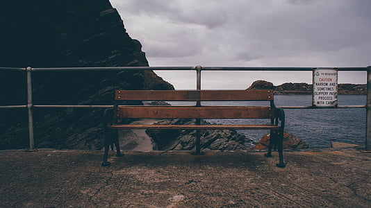 brown wooden bench near body of water thumbnail